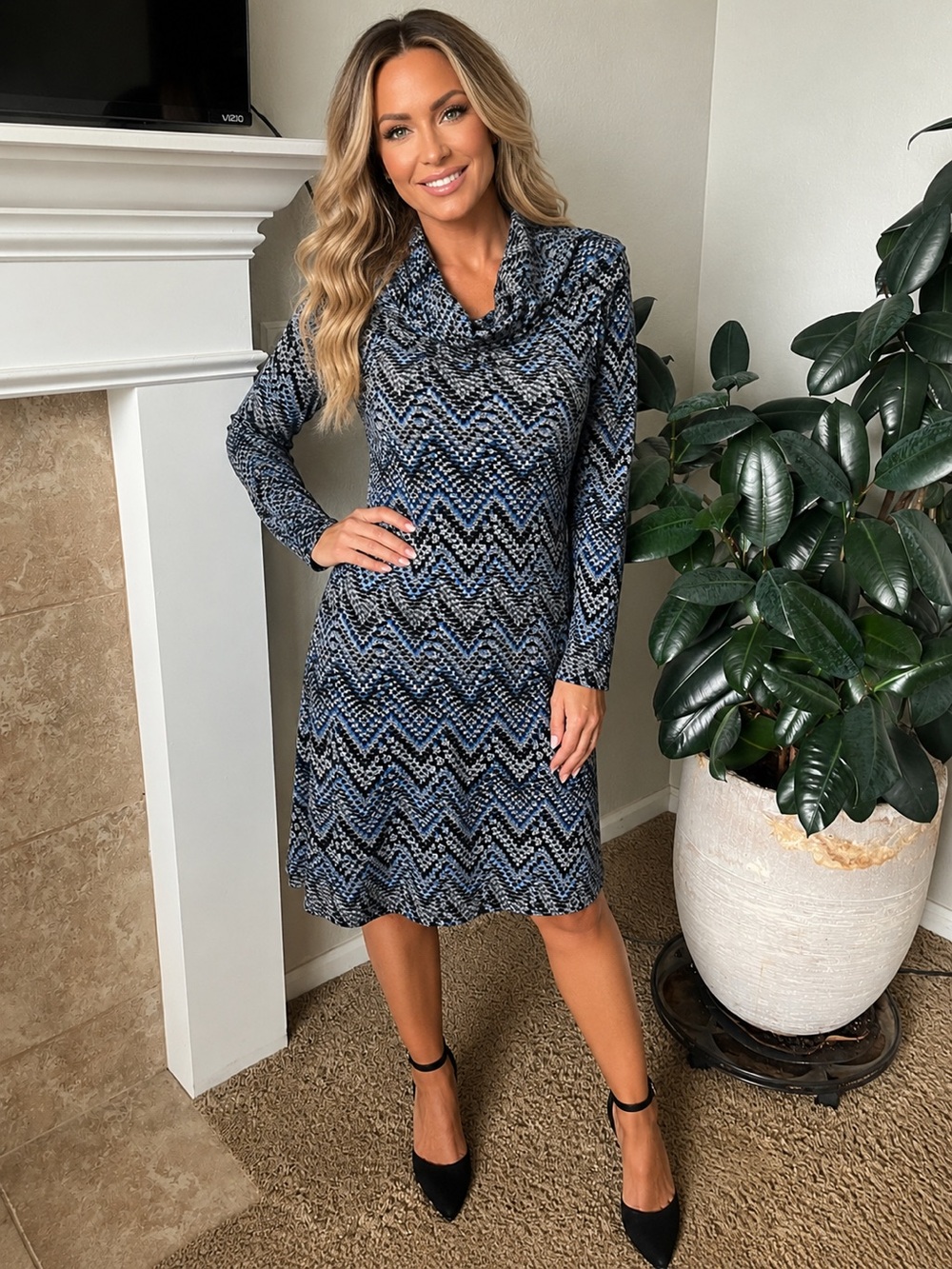 Sharagano Blue Chevron Cowl-Neck Long Sleeve Dress